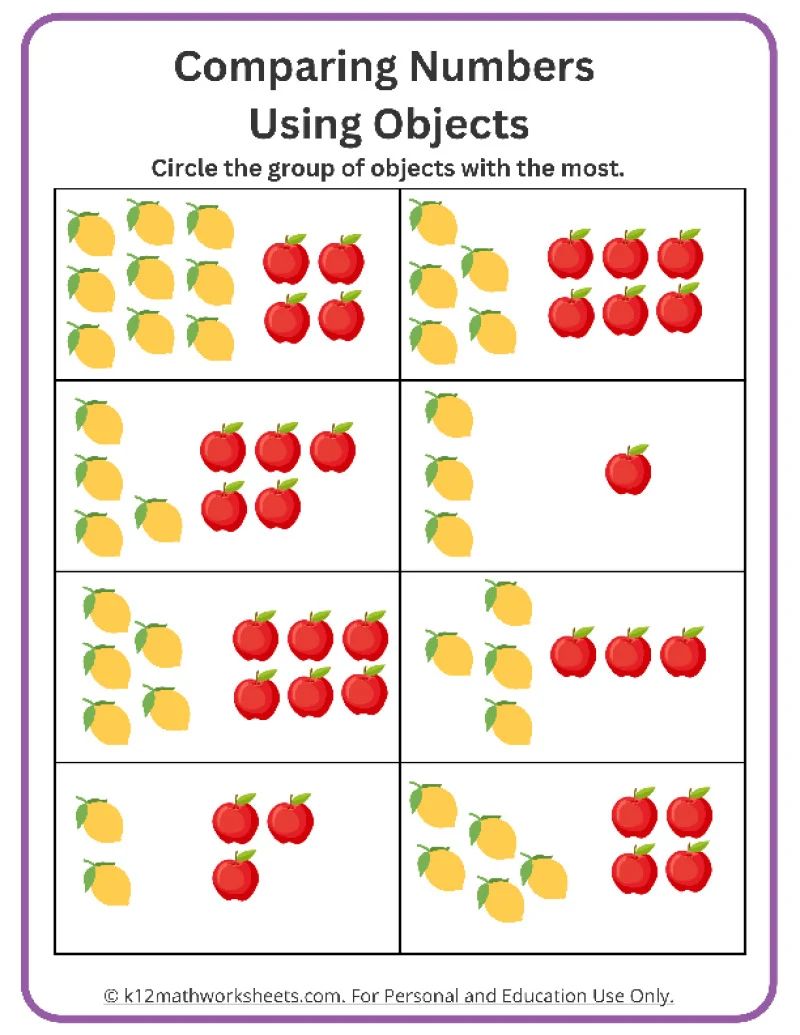 Comparing Numbers Using Objects 1 Image K12 Math Worksheets - Premium Landscape Background - Desktop