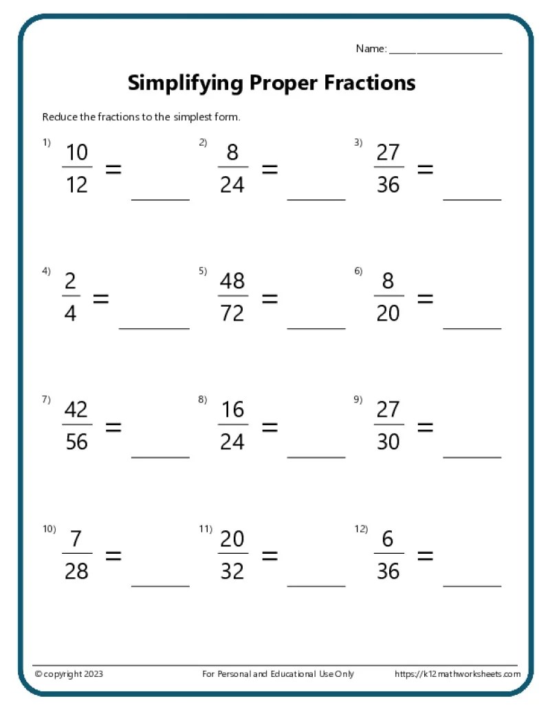 Simplifying fractions worksheets
