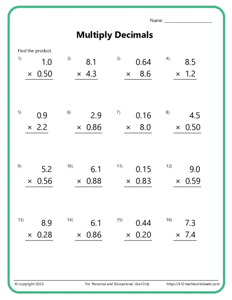 Multiplying decimals worksheets