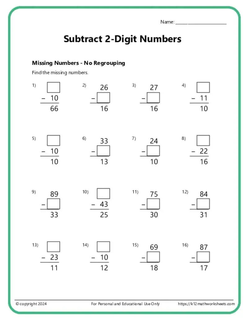 2nd grade subtraction worksheets