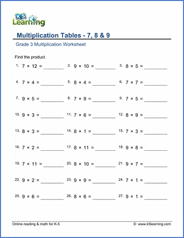 Grade 3 Math Worksheet - Multiplication Tables 7, 8 & 9 | K5 Learning Grade 3 Math Worksheet - Multiplication Tables 7, 8 & 9 | K5 Learning