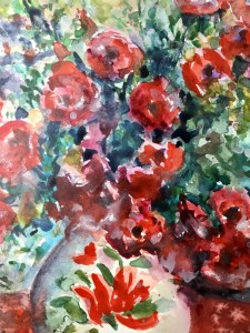 Red flowers in a vase watercolour painting 