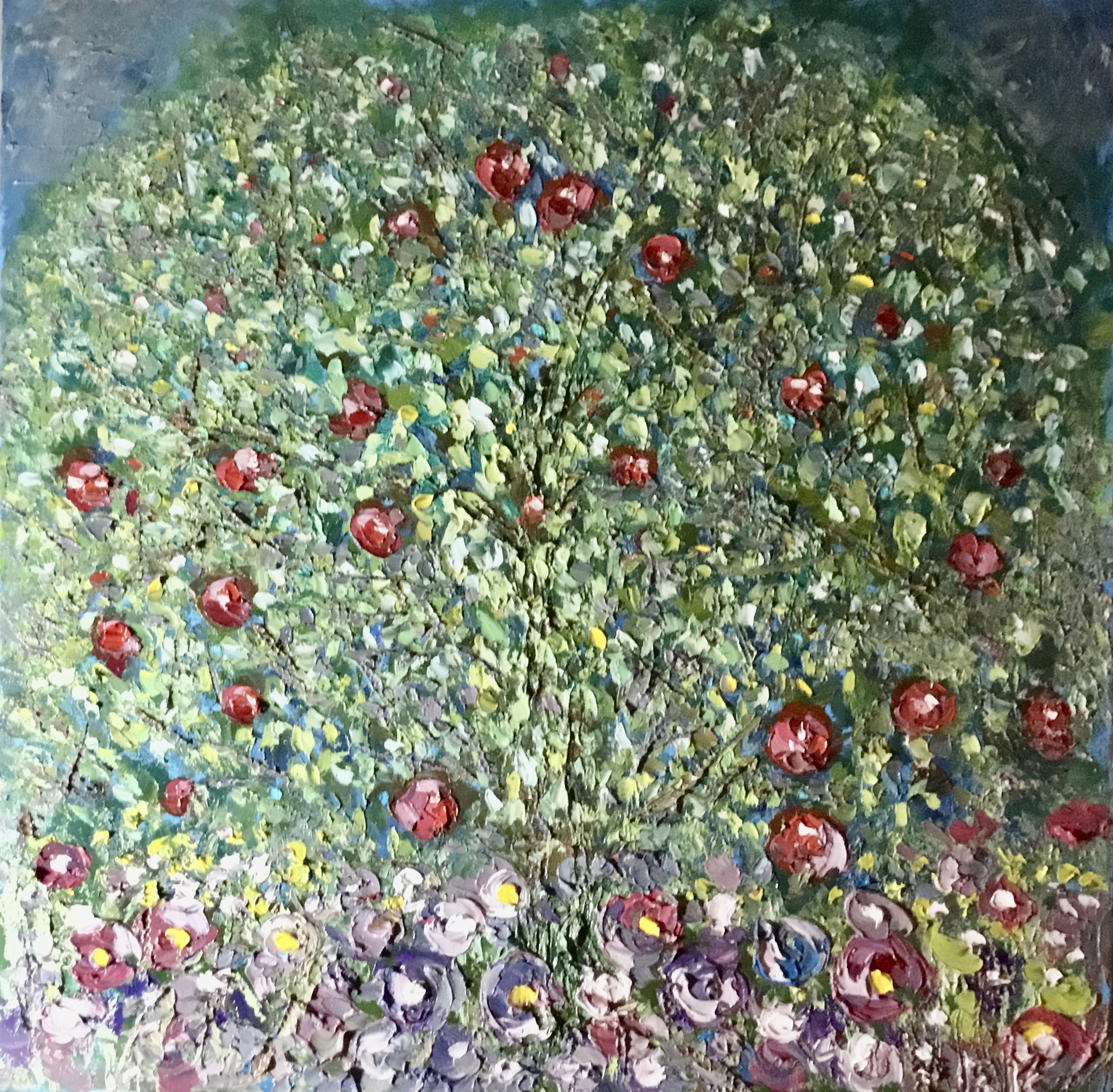 “Garden of Red Apples” – Klimt Apple Tree Inspired Oil Painting | Textured Original Art on Canvas | 80x80 cm | Botanical Wall Decor