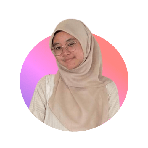 A woman wearing a beige hijab, glasses, and a light shirt stands in front of a pink and purple gradient circular background, representing opportunities and jobs for fresh grads. Kabel Job Platform