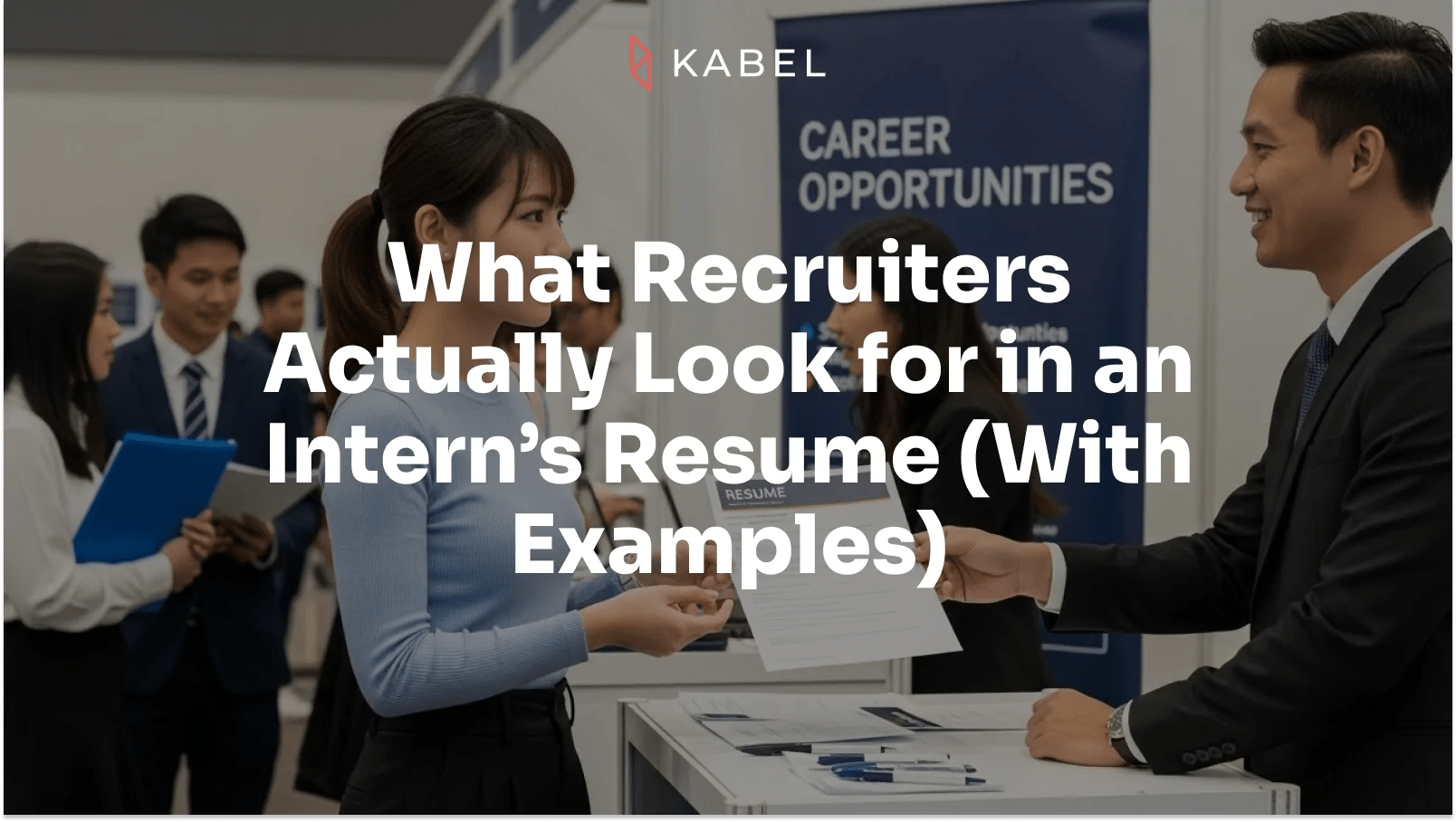 A woman hands her resume to a recruiter at a career fair booth labeled "Career Opportunities," surrounded by other professionally dressed individuals. Kabel Job Platform