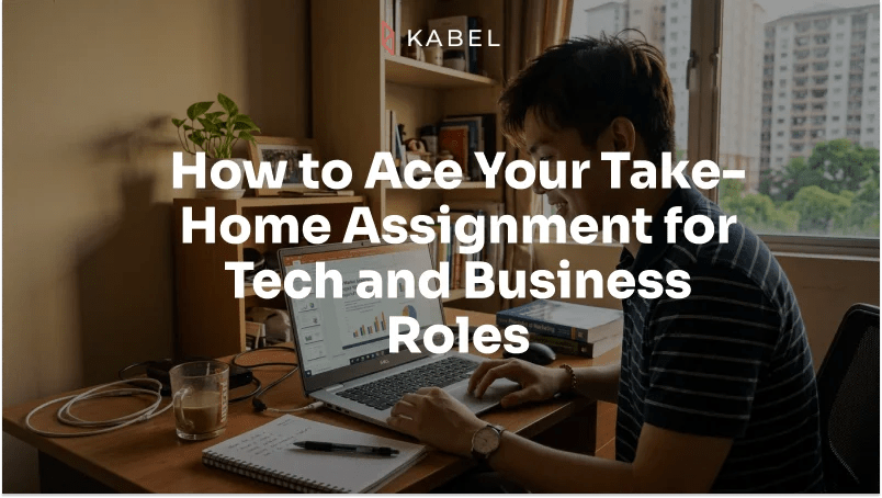 A person working on a laptop at a desk with charts on the screen, promoting tips for excelling in take-home assignments for tech and business roles. Kabel Job Platform