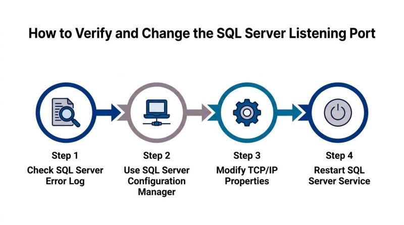 A four-step infographic illustrating the process to verify and modify the SQL Server listening port.