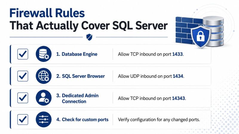 A list showing four essential firewall port rules required for configuring and securing Microsoft SQL Server connections.