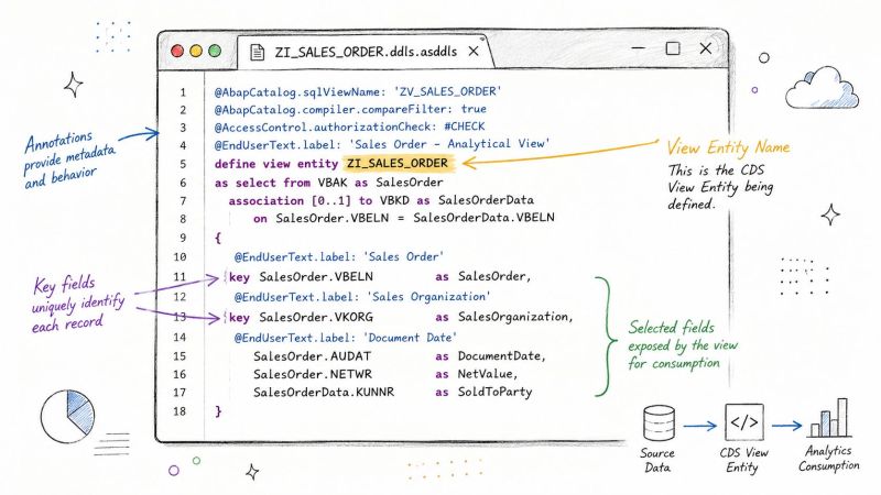 A diagram illustrating the structure of a SAP CDS view entity with code snippets and descriptive annotations.