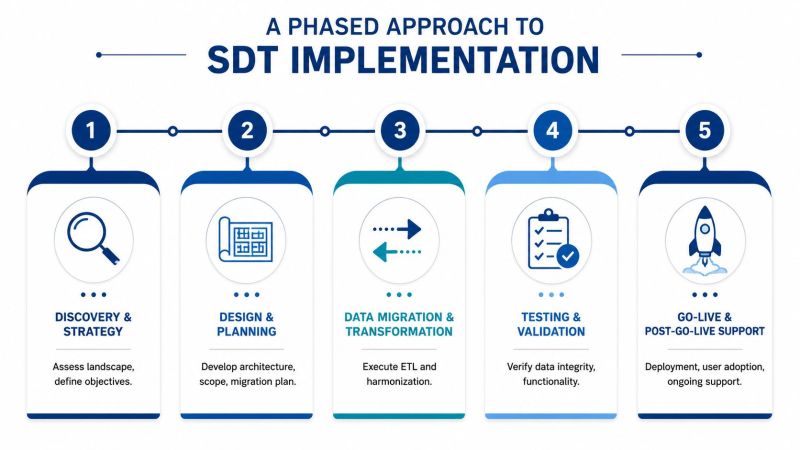 A five-step infographic showing a phased approach to SAP selective data transition implementation process.