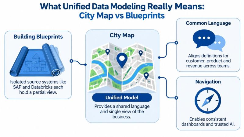 A diagram comparing building blueprints to a city map to explain the concept of unified data modeling.