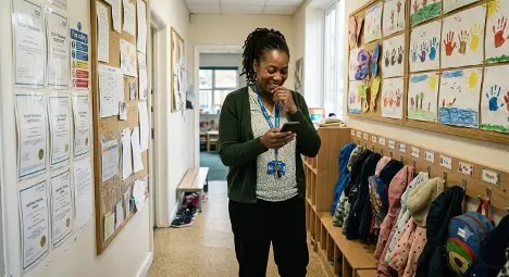 A nursery educator smiling as she looks at her phone in a bright cloakroom corridor, with children's coats on pegs and artwork on the walls