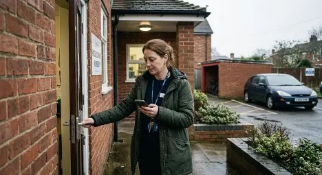An early years educator arriving at a nursery, smiling and ready for the day