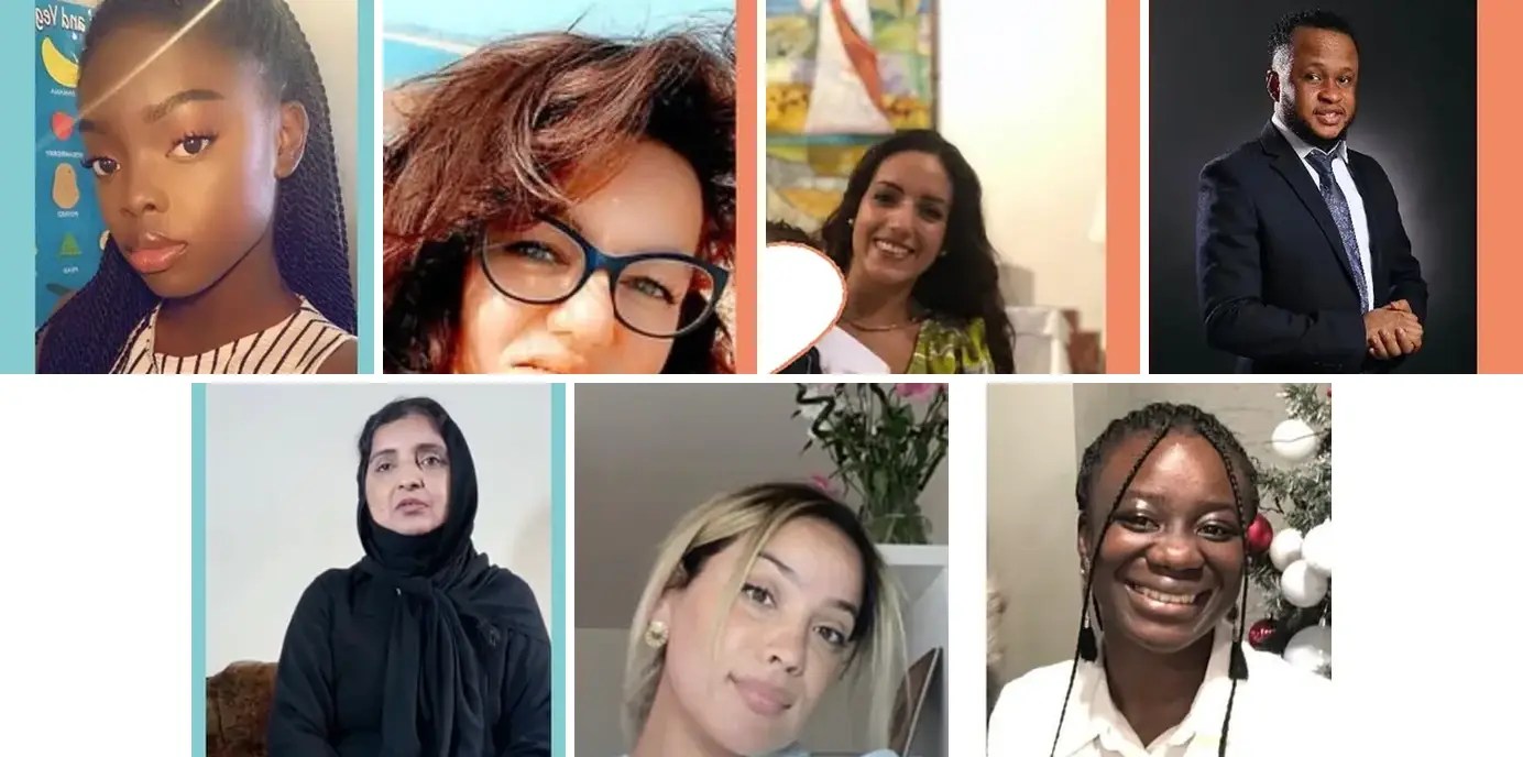 A patchwork of seven Kalendit educators — Shanice, Denitsa, Rachele, Abimbola Adetola, Freda, Iolanda and Chelsea — each in their individual testimonial photo