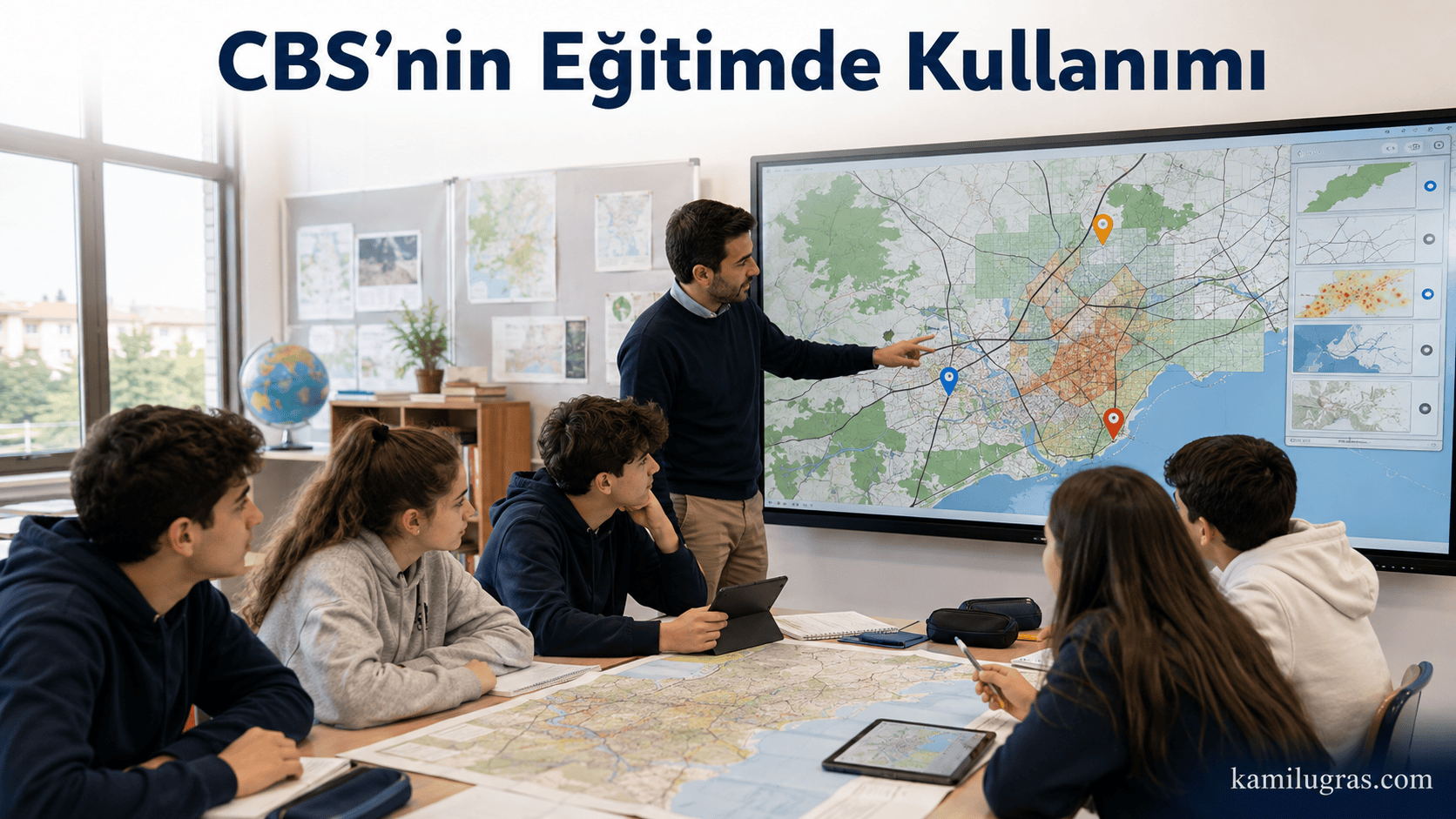 Öğretmen rehberliğinde harita katmanlarını inceleyerek mekânsal bir problemi analiz eden öğrenciler.