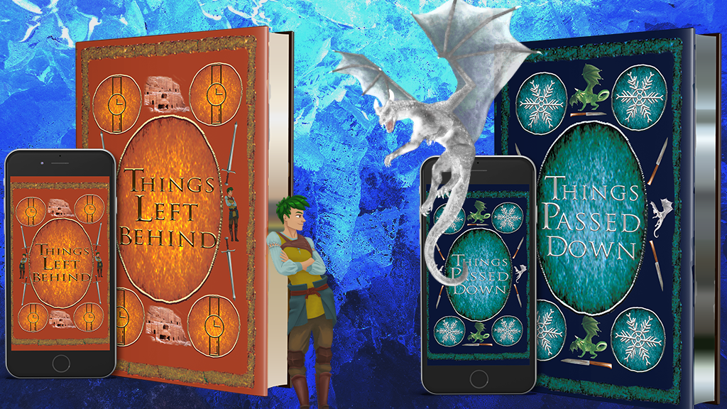 img="Special edition hardback books of Kandi J Wyatt's epic fantasy duology Four Stars over Ardatz: Founders"