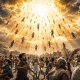 The Rapture of the Church illustration showing Jesus Christ in radiant clouds as believers are caught up into heaven, with light breaking through a dramatic sky to symbolize Christ's return.