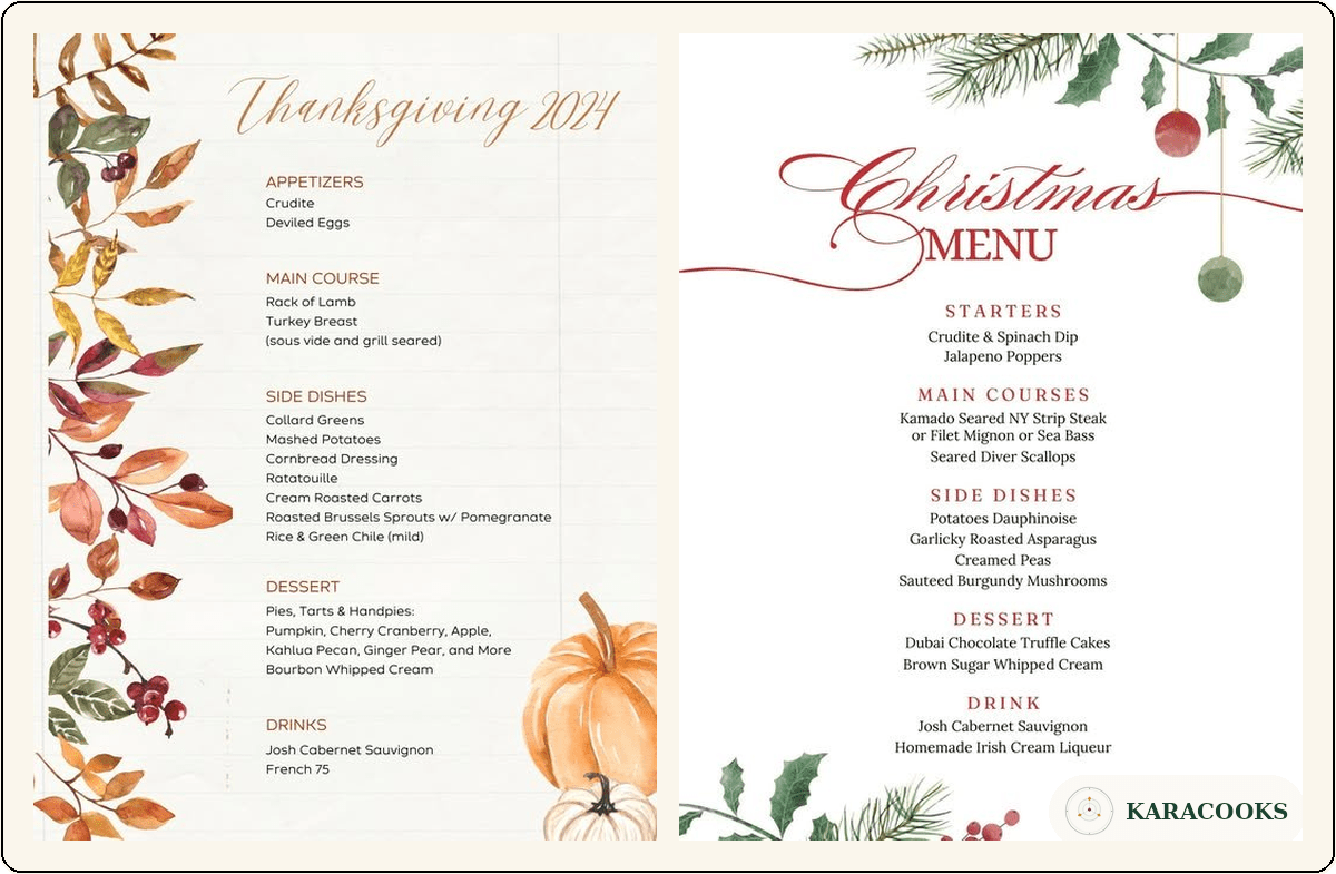 Two side-by-side karacooks holiday menus: Thanksgiving 2024 on the left, with hand-lettered script title in burnt orange, watercolor autumn leaves cascading down the left edge in olive, burgundy, and amber, a single watercolor pumpkin in the bottom right corner, and a five-section menu listing appetizers, main course, side dishes, dessert, and drinks. Christmas Menu on the right, with hand-lettered red script title, watercolor holly branches and pine sprigs across the top with two hanging ornaments in red and sage, more holly at the bottom corners, and a five-section menu listing starters, main courses, side dishes, dessert, and drink.
