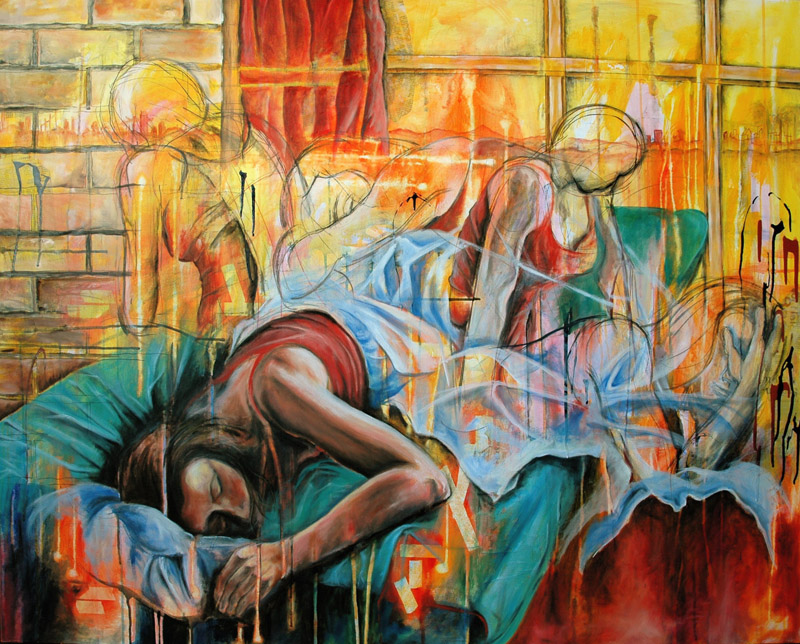 As Days Pass acrylic, oil, enamel, ink, newspaper on canvas 60" x 48"