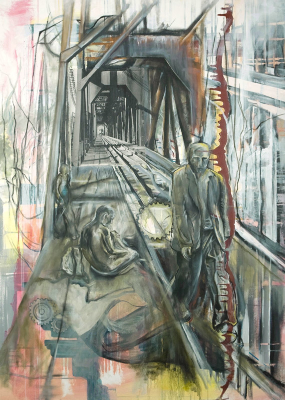 Parallel silver gelatin print collage, acrylic, oil, enamel, ink on canvas 40" x 58" (collaboration w/ photographer Joe Hendershot)