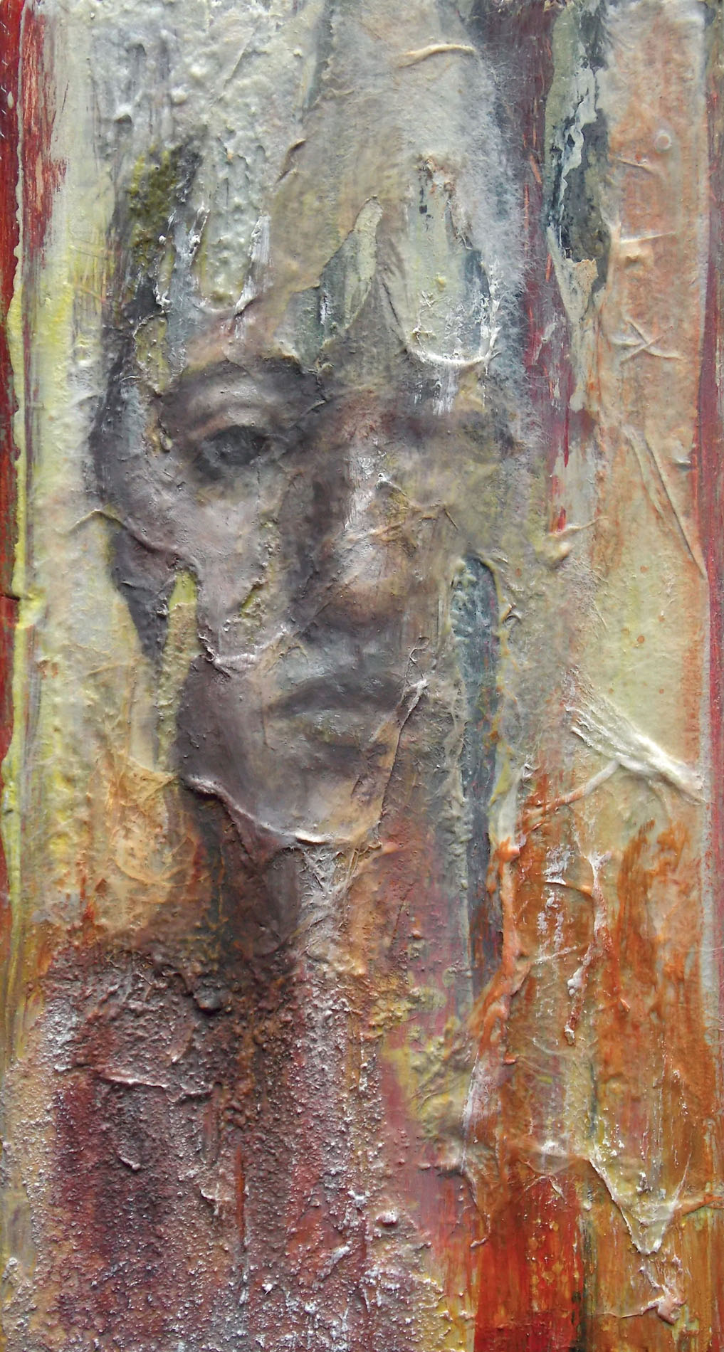 Disintegration Portrait (series) oil, graphite, rice paper, acrylic on wood block, 3"x6"