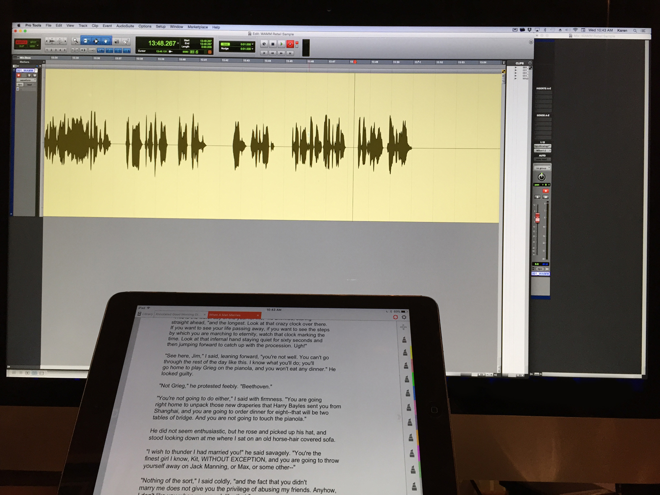 computer with recording software on screen and iPad with text on screen