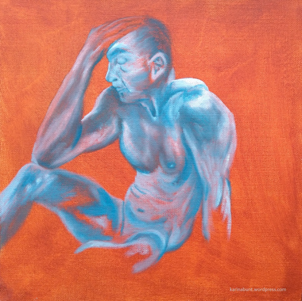 Peter, Aktstudie in blaugrau auf rotem Hintergrund