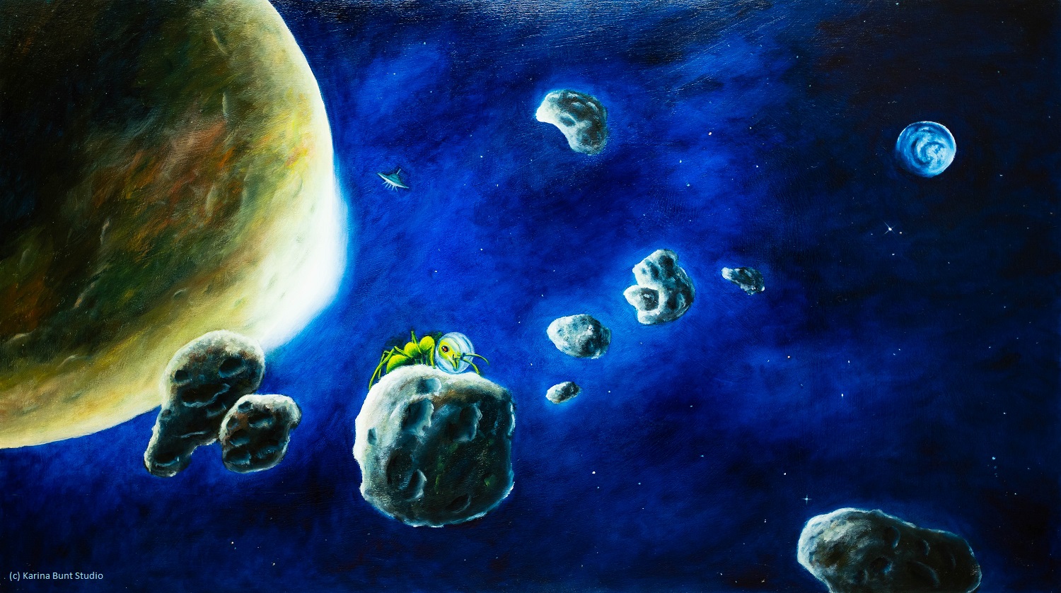 der Ameisonaut Rod krabbelt auf einem Meteoritenstück, das durchs Weltall treibt, herum. Im Hintergrund ein Asteroid, ein Ufo und ein M-Klasse-Planet