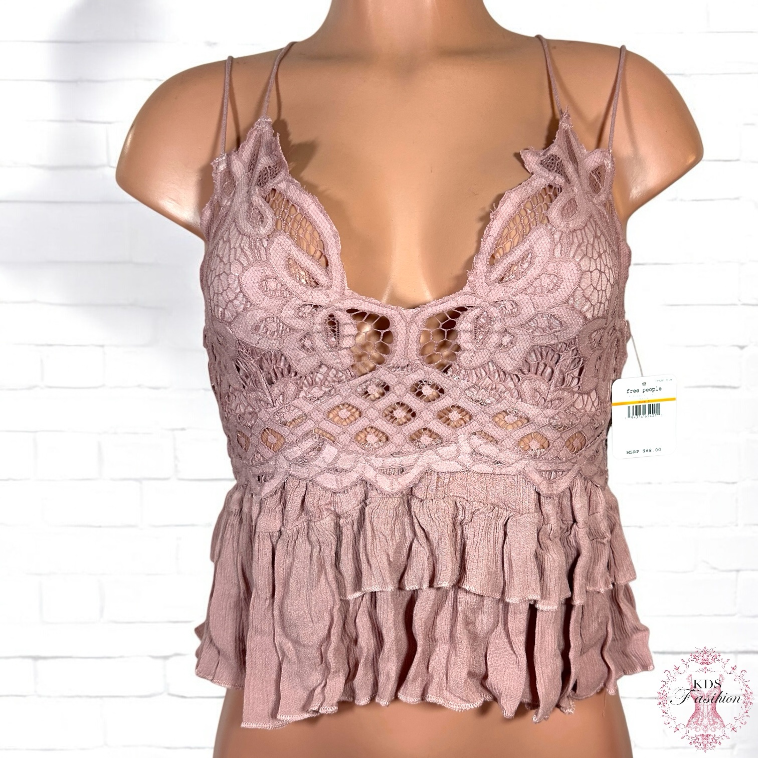 Elle ♥️ Free People “Adella” Mauve Pink Lace Ruffle Cami Tank SM NEW