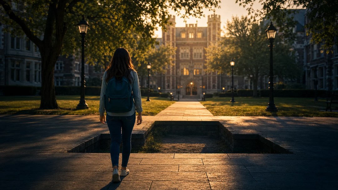 Student walking across a college campus