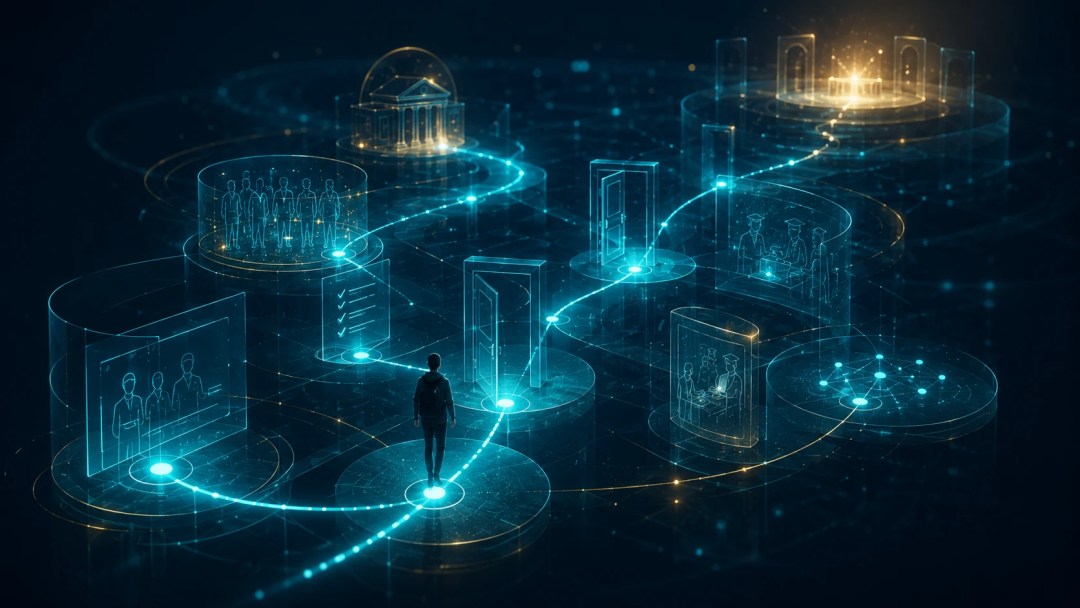 A student navigating connected institutional pathways and touchpoints
