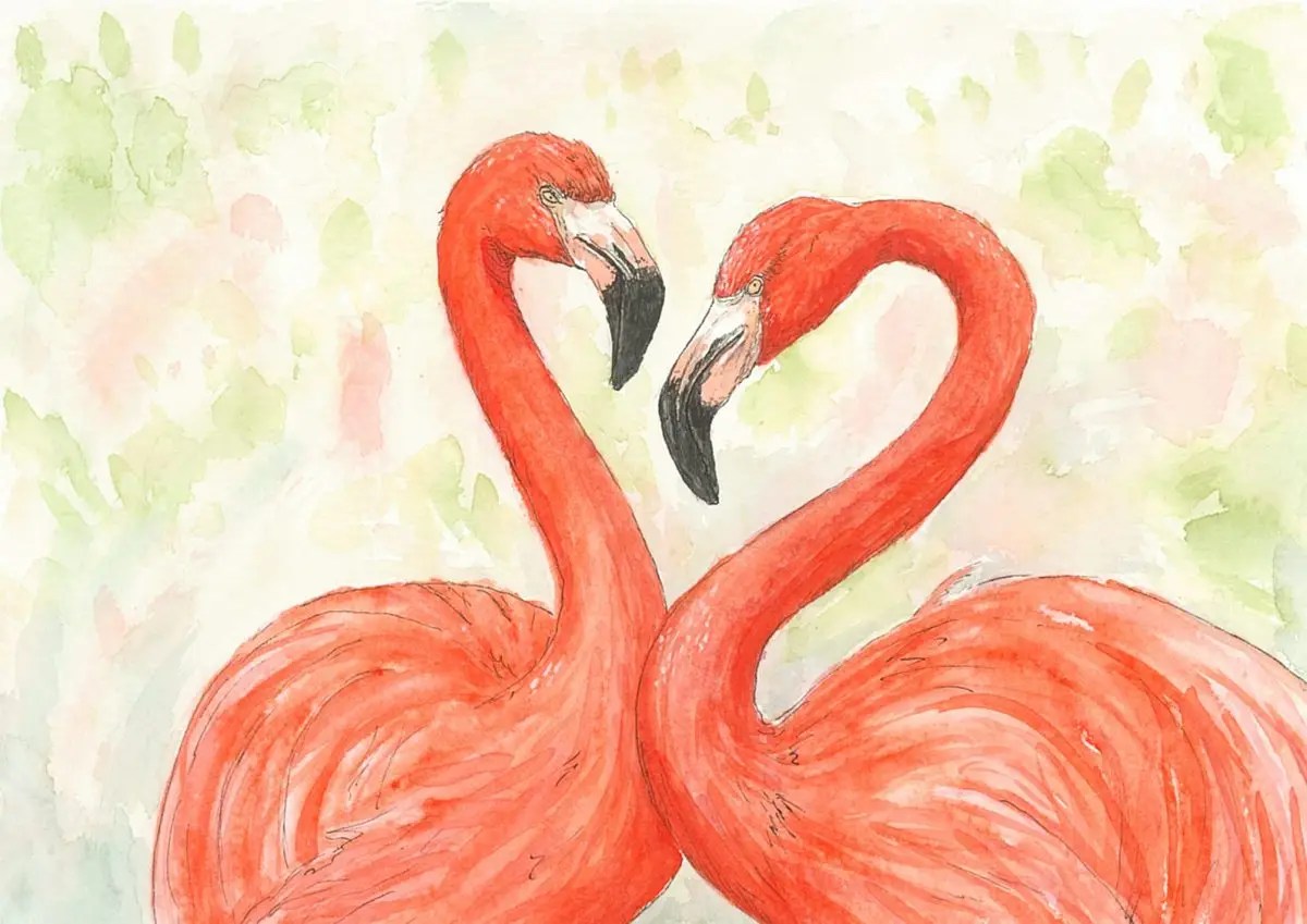 Watercolour of two flamingos against a green and pink background. Their necks almost create a heart.