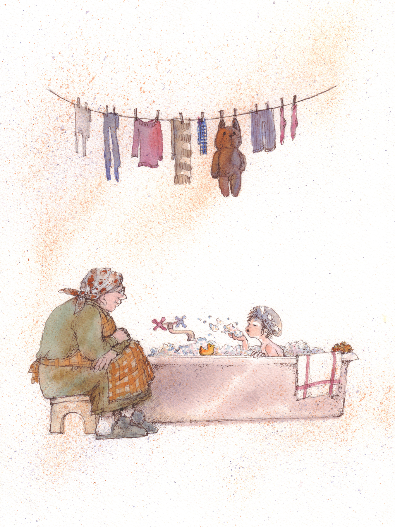 First Snow, Bath Time, watercolor and sepia pen