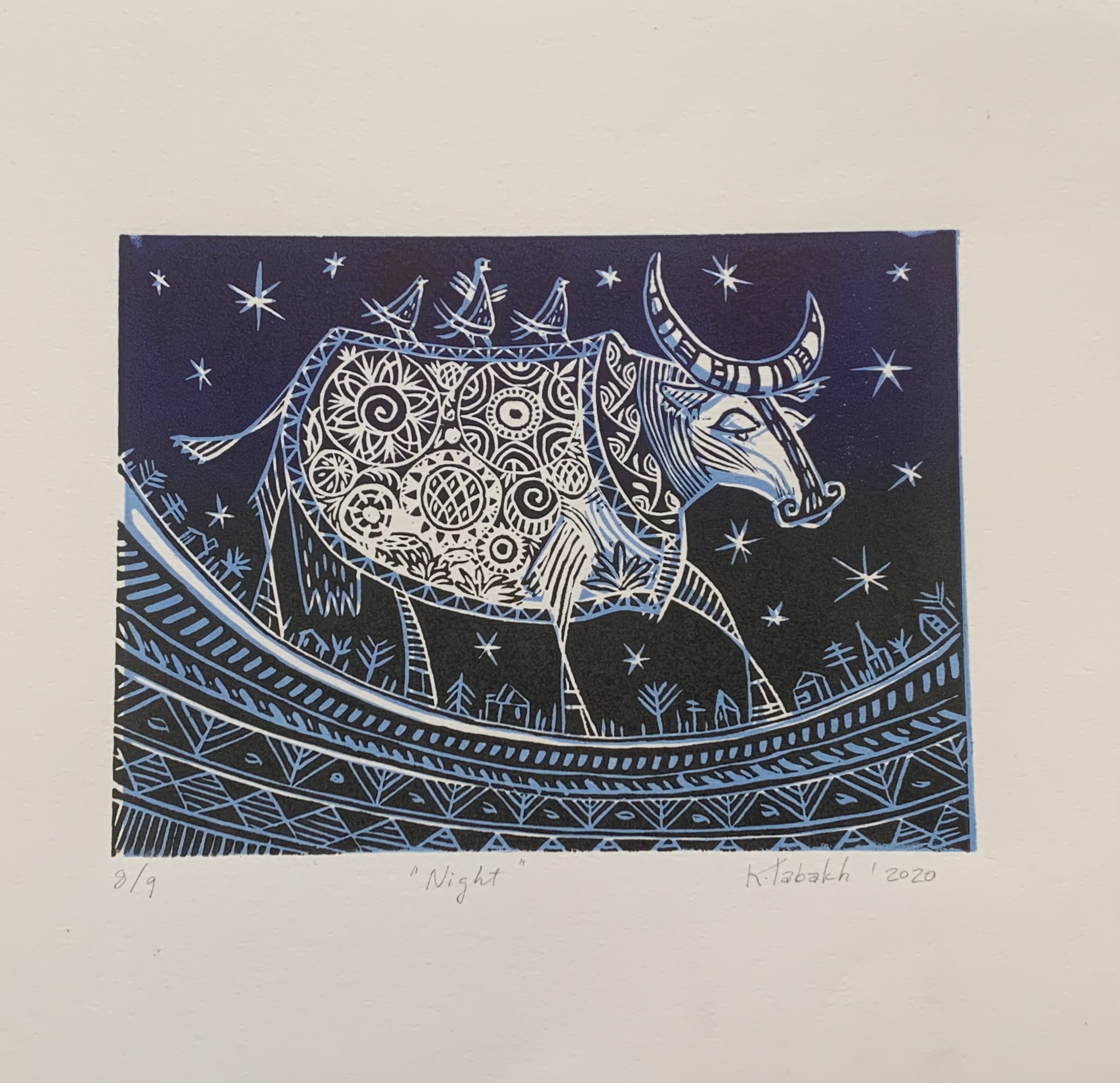 The Cow - Night, linocut