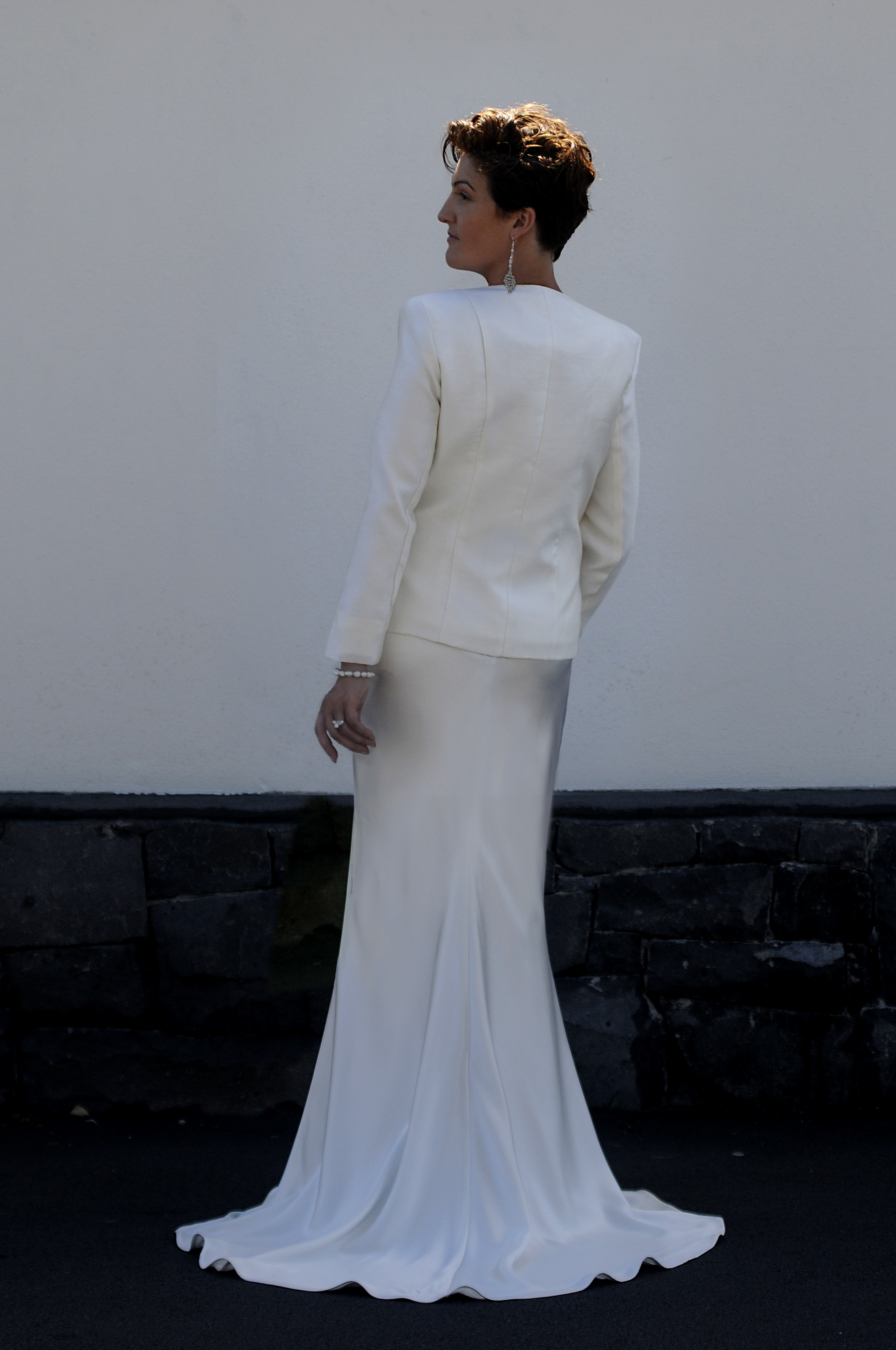 Silk Jacket Tailored to Fit and Bias Long Silk Satin Skirt with Train