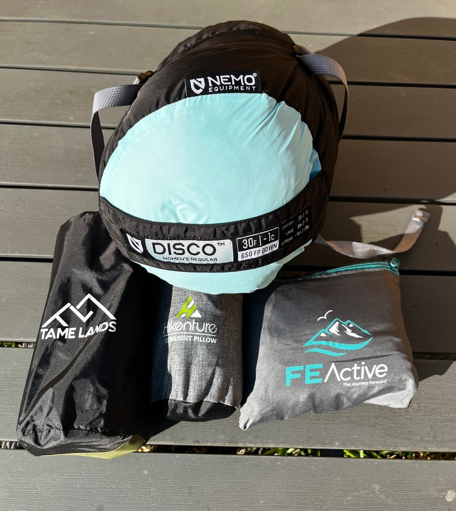 The sleeping set up part of my backpacking gear list: Sleeping pad, bag, liner, and pillow.