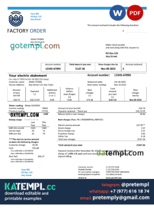 generate # factory order universal multipurpose utility bill, Word and PDF
