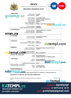 generate Iran death certificate Word and PDF , completely editable