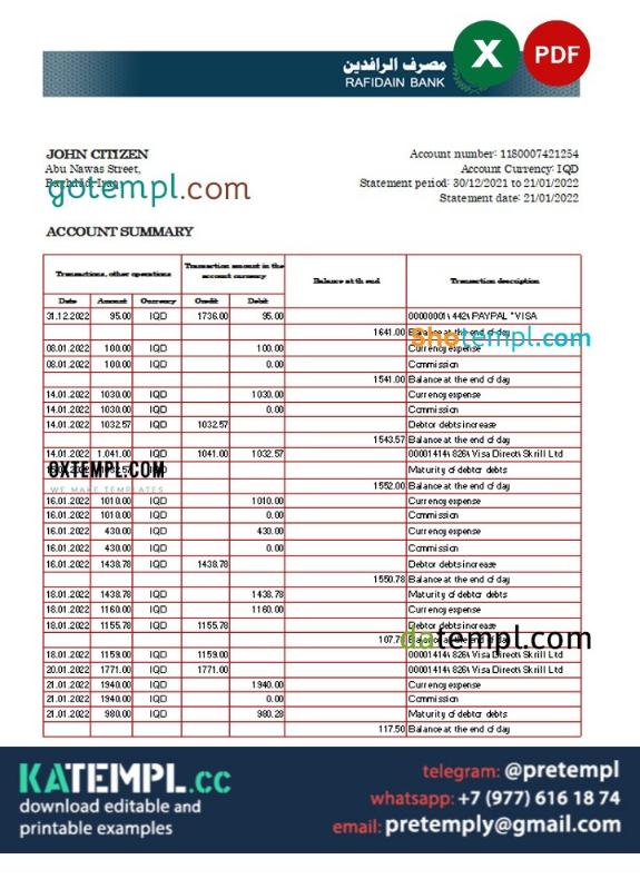 generate Iraq Rafidain Bank statement  Excel and PDF