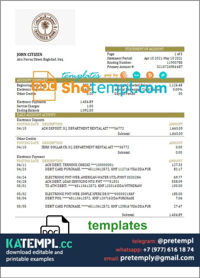 generate Iraq Rasheed proof of address bank statement in Word and PDF format