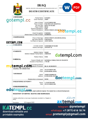generate Iraq vital record death certificate Word and PDF