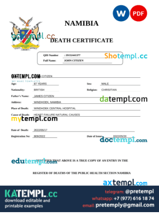 generate Namibia vital record death certificate Word and PDF