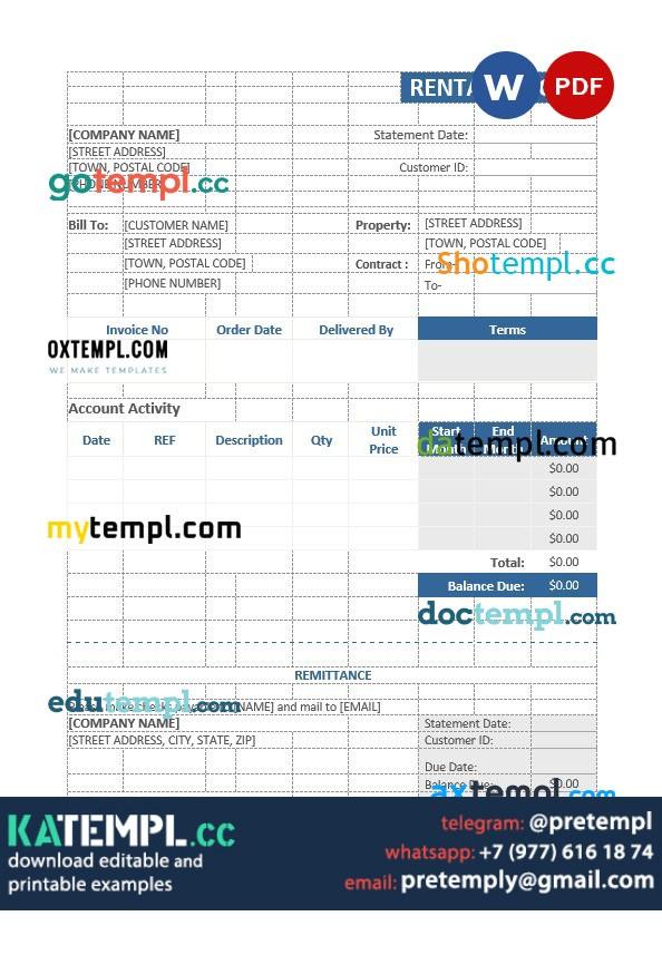 generate Sample Rental Invoice in word and pdf format