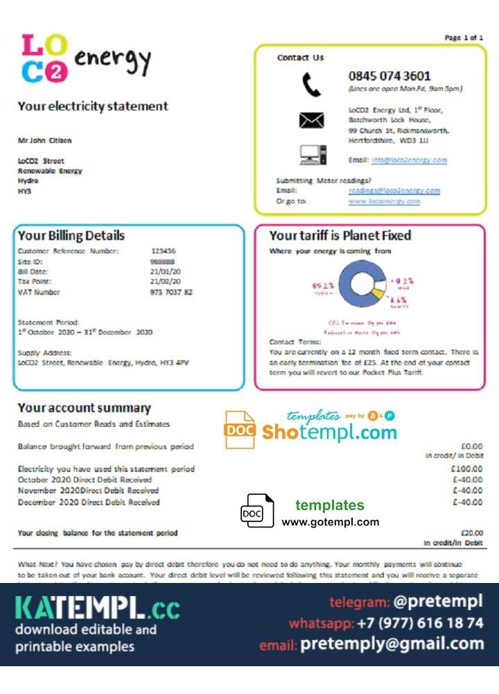 generate United Kingdom LoCO2 Energy utility bill in Word and PDF format