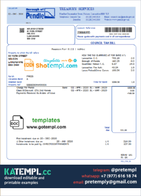 generate United Kingdom Borough of Pendle council tax bill in Word and PDF format