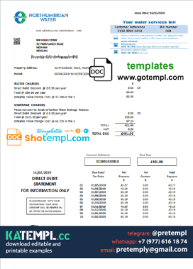 generate United Kingdom Northumbrian Water utility bill in Word and PDF format, version 2