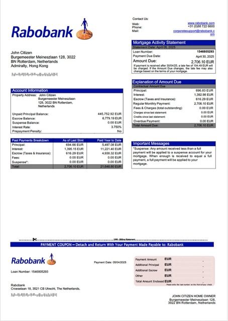 Netherlands Rabobank mortgage statement Word and PDF template