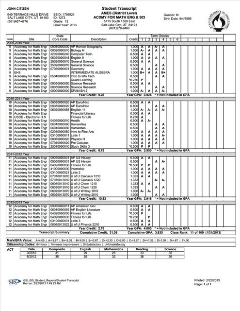 Academy for Math, Engineering, and Science (AMES) student transcript Word and PDF template