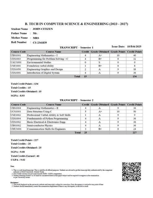 BTech in Computer Science Engineering transcript Word and PDF template