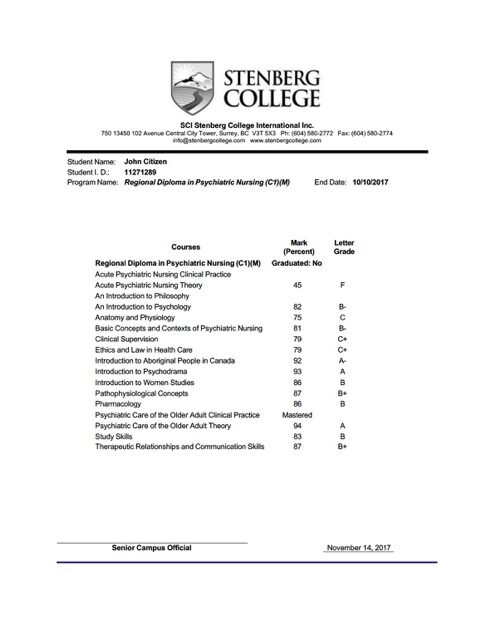 Stenberg College transcript Word and PDF template